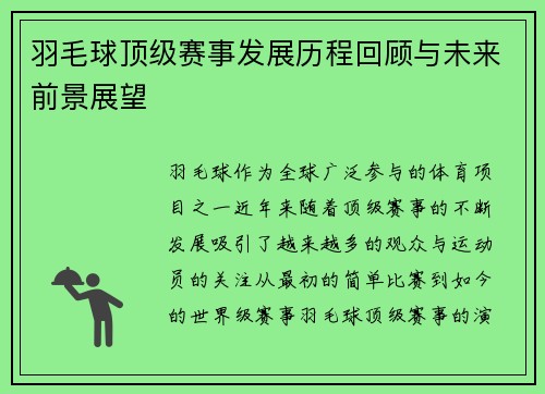 羽毛球顶级赛事发展历程回顾与未来前景展望